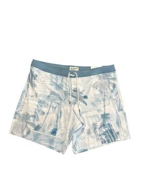 American Eagle Outfitters Light Blue and White Palm-Print Swim Trunks